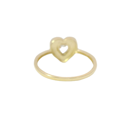 14KT Gold Ring Women's Light Weight White CZ Heart Stone Center with Plain Sunray Heart Border and White CZ Stones Band