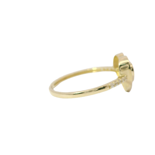 14KT Gold Ring Women's Light Weight White CZ Heart Stone Center with Plain Sunray Heart Border and White CZ Stones Band