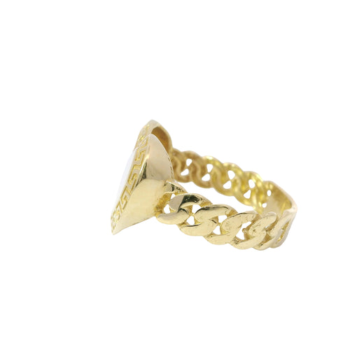 14KT Gold Ring Women's Wide Engravable Heart with Greek Border and Cuban Link Band