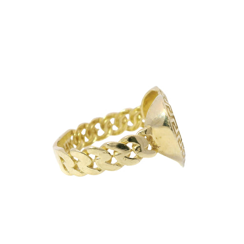 14KT Gold Ring Women's Wide Engravable Heart with Greek Border and Cuban Link Band