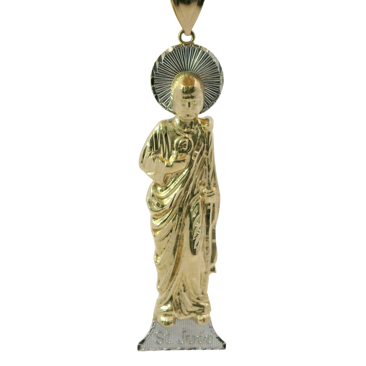 14KT Gold Charm Large Two Tone "St. Jude" Name Plate St Jude Figure with Plain Bell