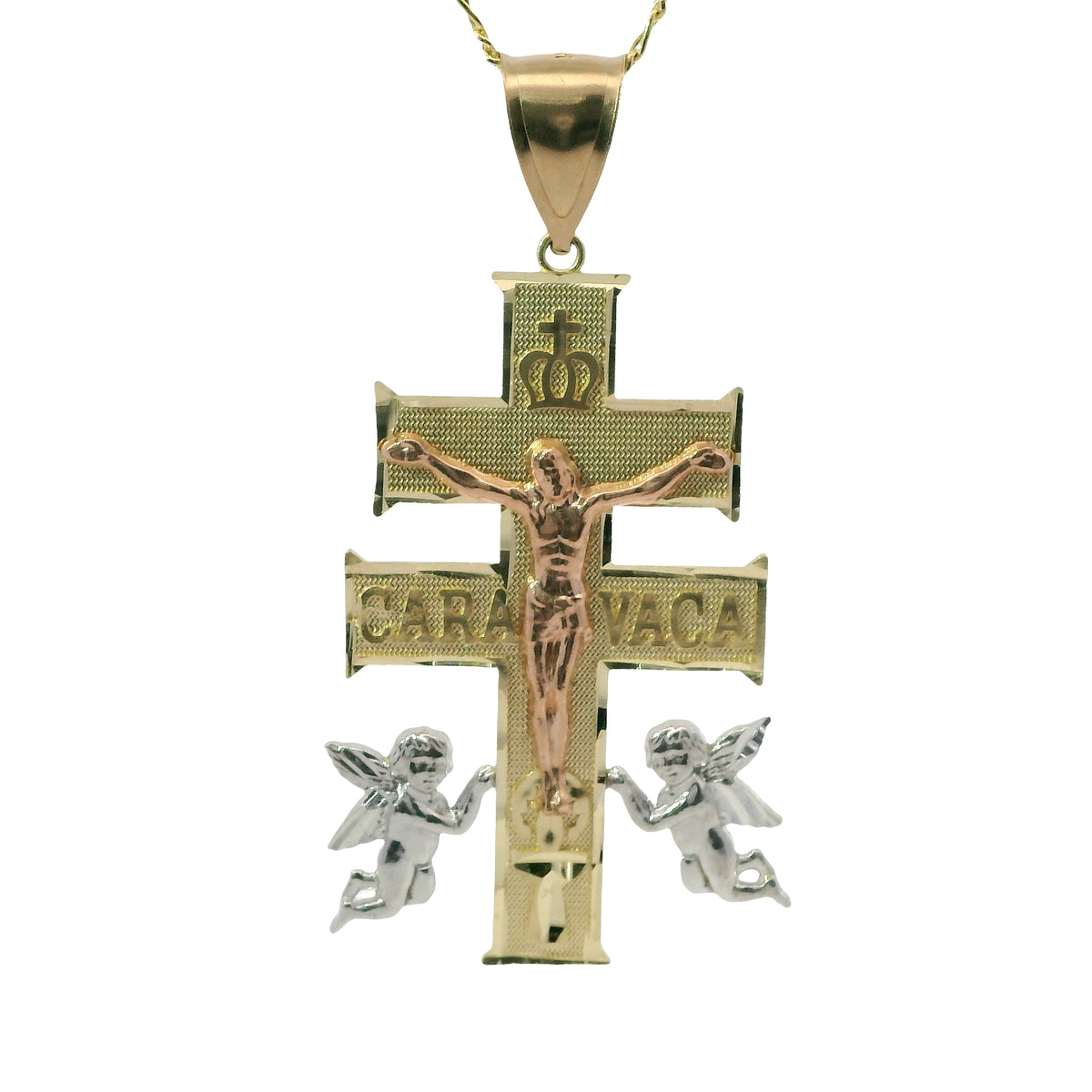 14KT Gold Charm Extra Large Tri Tone Caravaca Crucifix Cross with Plain Bell