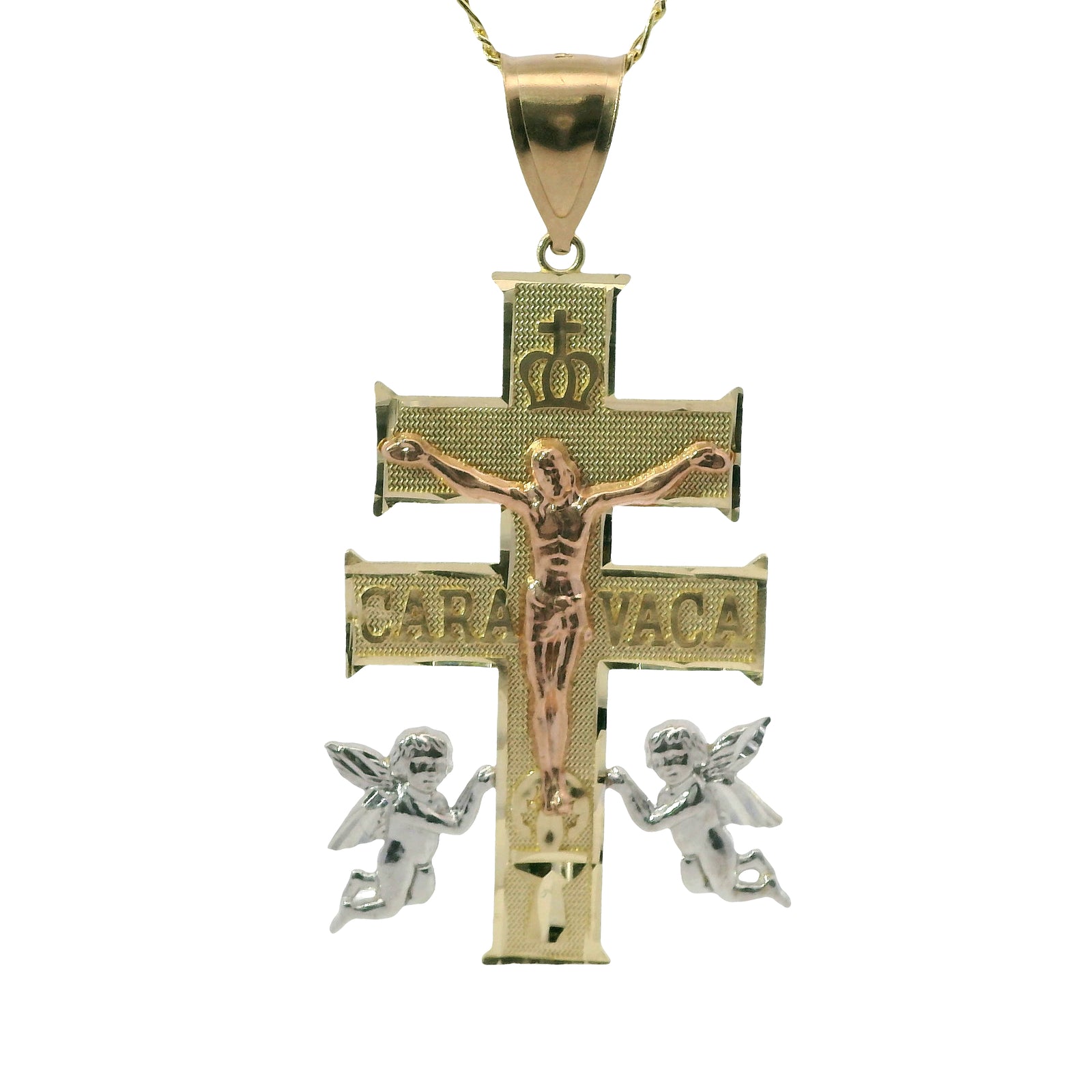 14KT Gold Charm Extra Large Tri Tone Caravaca Crucifix Cross with Plain Bell