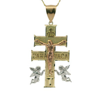 14KT Gold Charm Extra Large Tri Tone Caravaca Crucifix Cross with Plain Bell