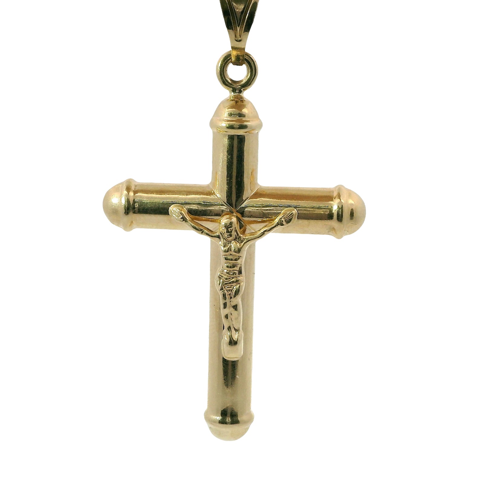 14KT Gold Charm Extra Large Hollow Tube Crossed Center Crucifix Cross Rounded Ends with Plain Bell