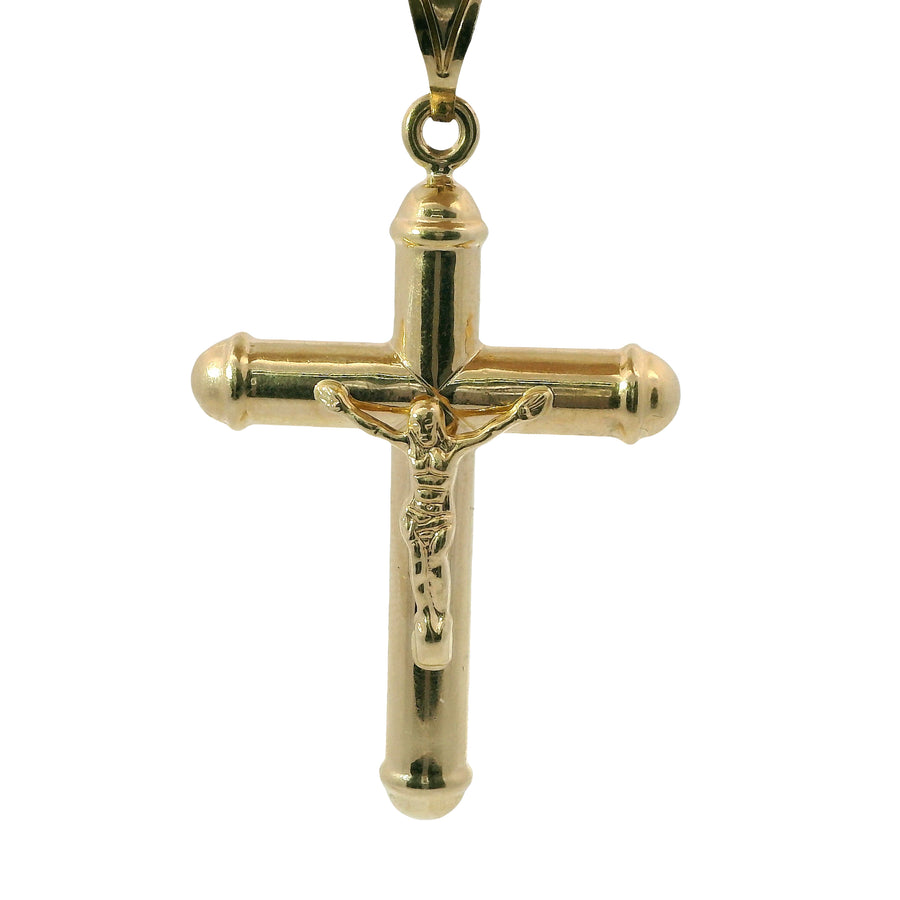 14KT Gold Charm Extra Large Hollow Tube Crossed Center Crucifix Cross Rounded Ends with Plain Bell