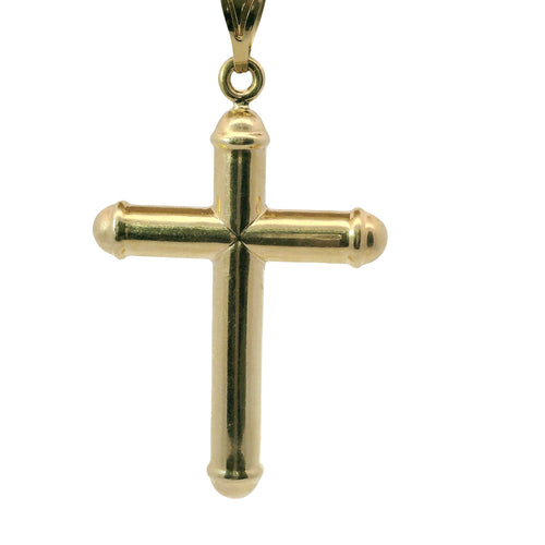 14KT Gold Charm Extra Large Hollow Tube Crossed Center Crucifix Cross Rounded Ends with Plain Bell