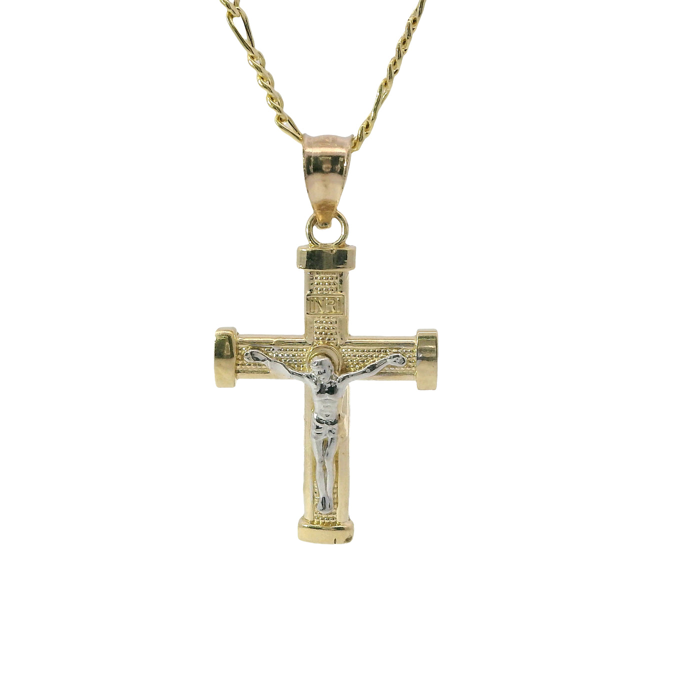 14KT Gold Charm Extra Small Two Tone Bar End Crucifix Cross with Plain Bell