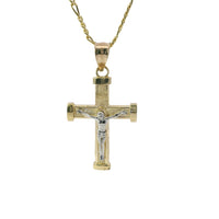 14KT Gold Charm Extra Small Two Tone Bar End Crucifix Cross with Plain Bell