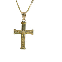 14KT Gold Charm Extra Small Two Tone Bar End Crucifix Cross with Plain Bell