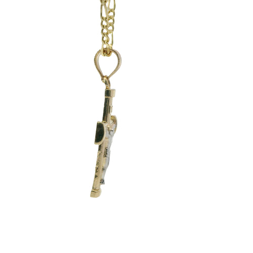14KT Gold Charm Extra Small Two Tone Bar End Crucifix Cross with Plain Bell