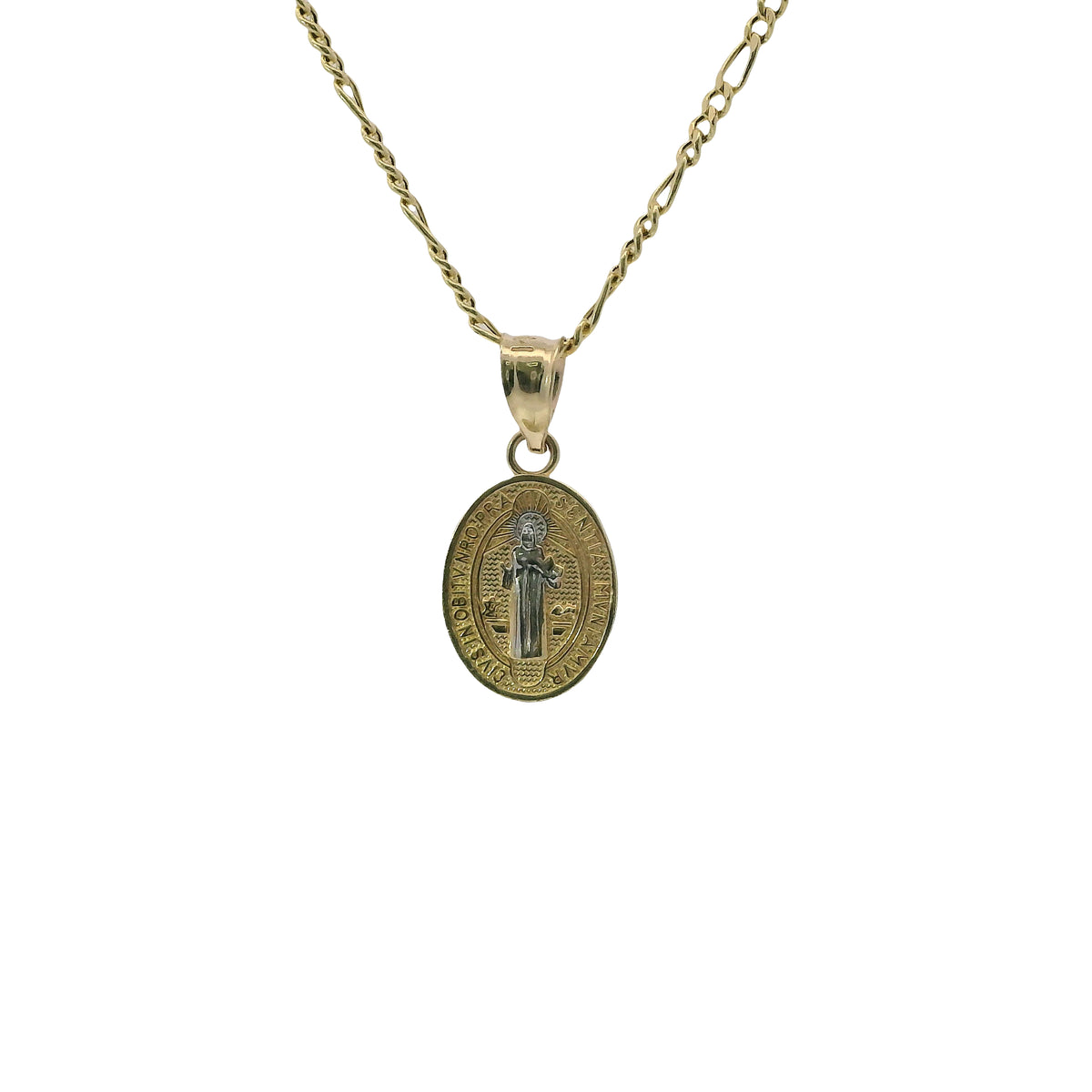 14KT Gold Charm Extra Small Two Tone Oval St Benedict Coin with Plain Bell