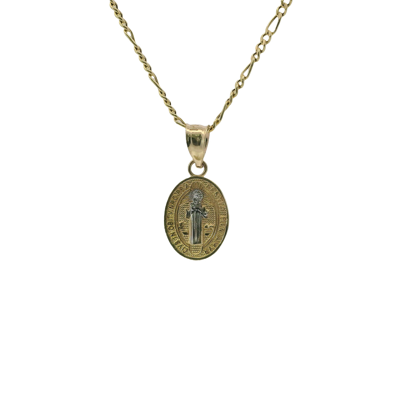 14KT Gold Charm Extra Small Two Tone Oval St Benedict Coin with Plain Bell
