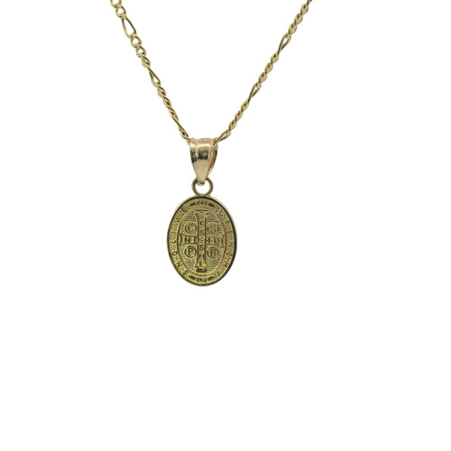 14KT Gold Charm Extra Small Two Tone Oval St Benedict Coin with Plain Bell