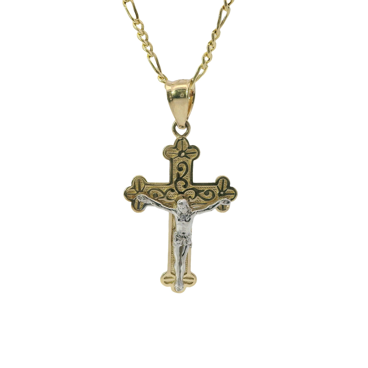 14KT Gold Charm Extra Small Two Tone Swirl Center Club Ends Crucifix Cross with Plain Bell