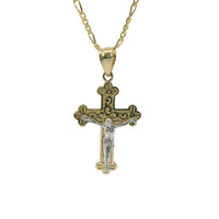 14KT Gold Charm Extra Small Two Tone Swirl Center Club Ends Crucifix Cross with Plain Bell