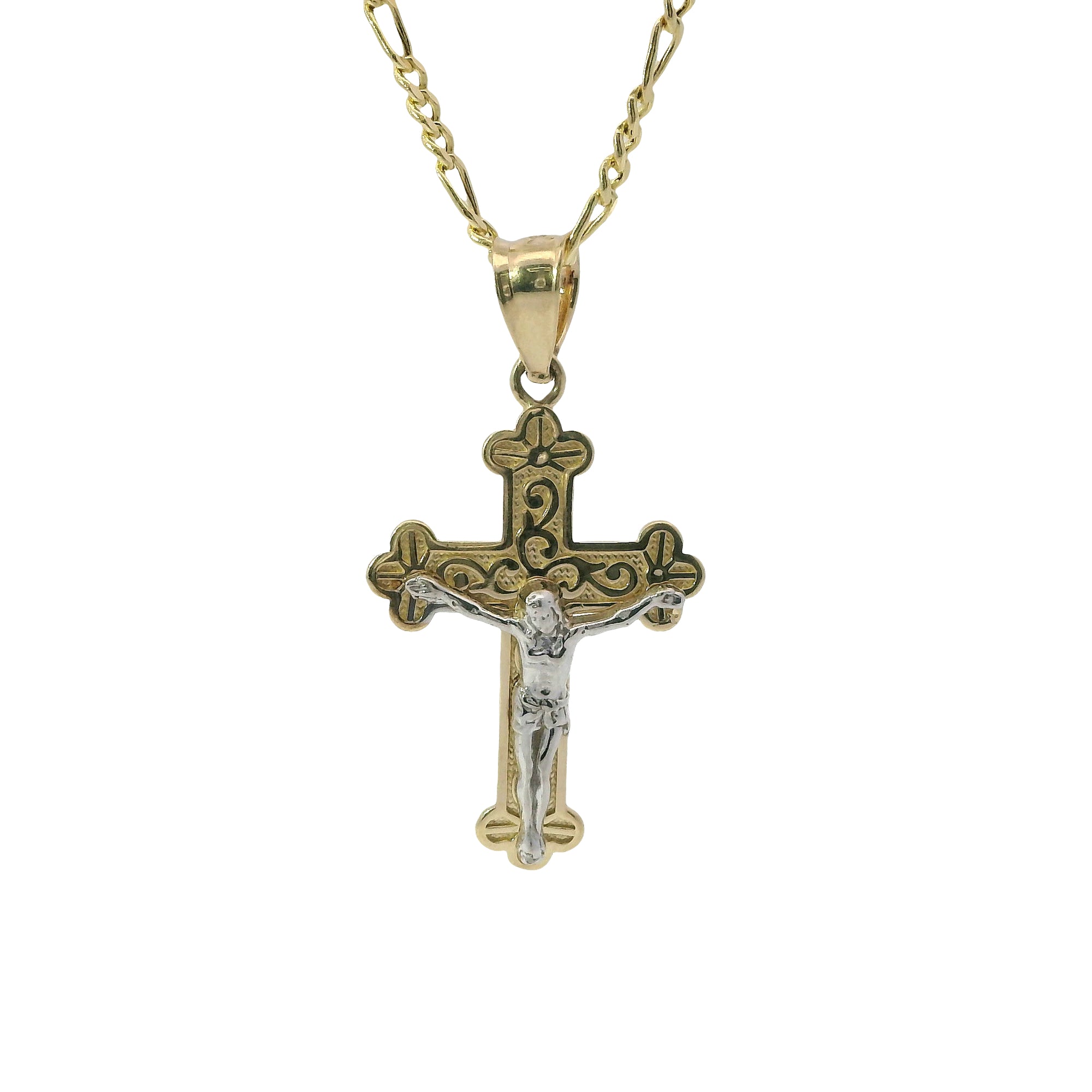 14KT Gold Charm Extra Small Two Tone Swirl Center Club Ends Crucifix Cross with Plain Bell