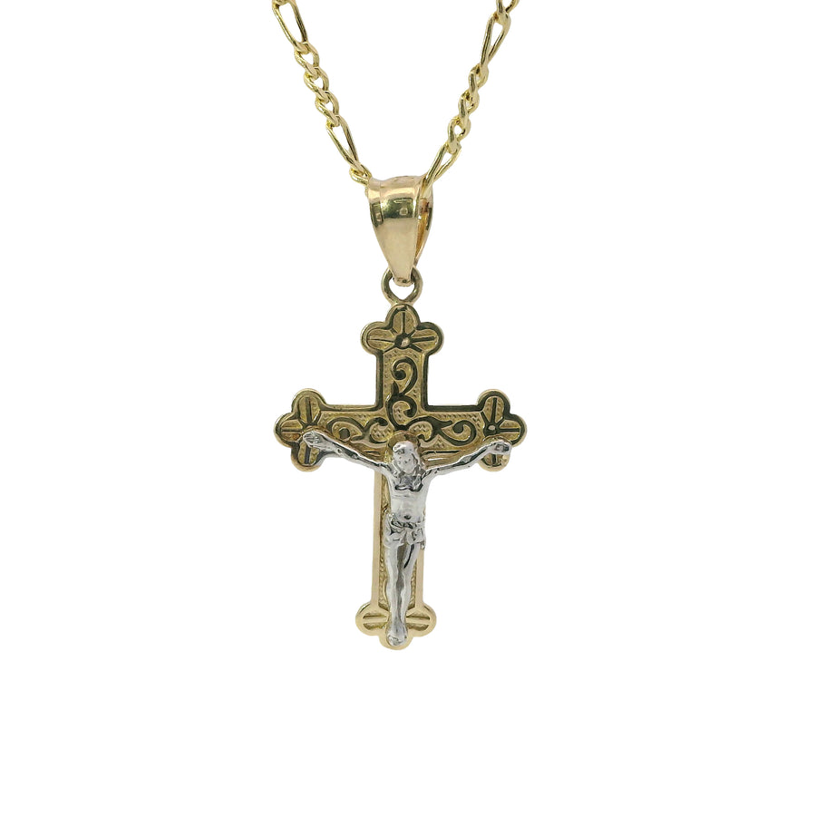 14KT Gold Charm Extra Small Two Tone Swirl Center Club Ends Crucifix Cross with Plain Bell