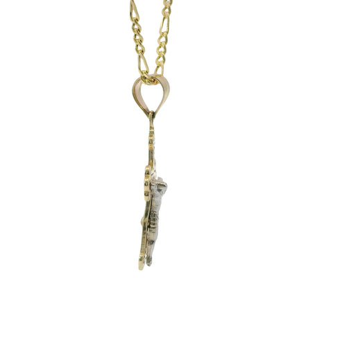 14KT Gold Charm Extra Small Two Tone Swirl Center Club Ends Crucifix Cross with Plain Bell