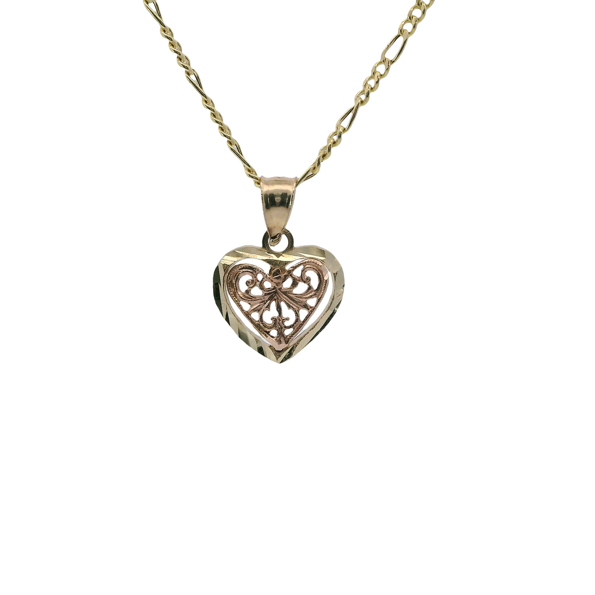 14KT Gold Charm Extra Small Two Tone Open Swirl Heart with Diamond Cut Border and Plain Bell
