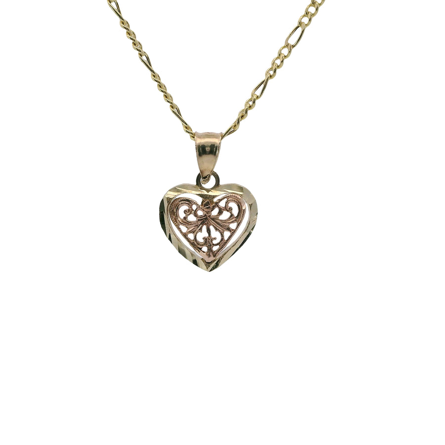 14KT Gold Charm Extra Small Two Tone Open Swirl Heart with Diamond Cut Border and Plain Bell