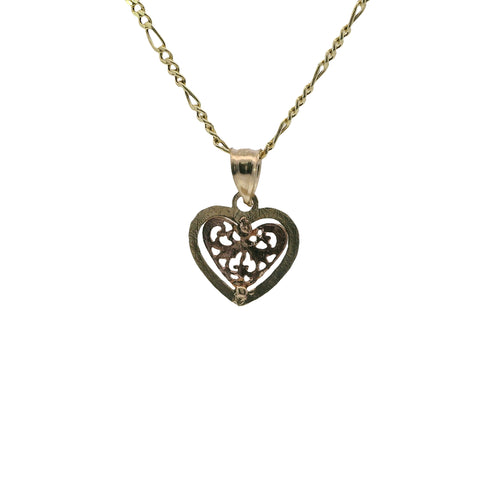 14KT Gold Charm Extra Small Two Tone Open Swirl Heart with Diamond Cut Border and Plain Bell