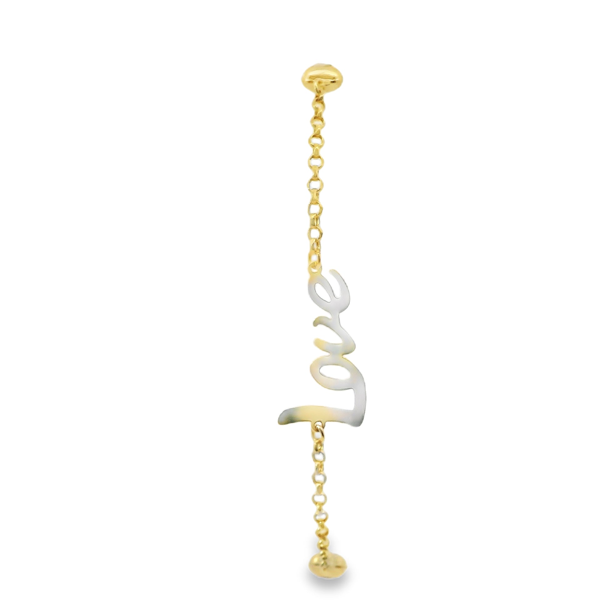 14KT Gold Bracelet Women's Three Charm Love Center with Cable Link Band and with Two Puff Hearts, White CZ Stone Ends, and Lobster Clasp