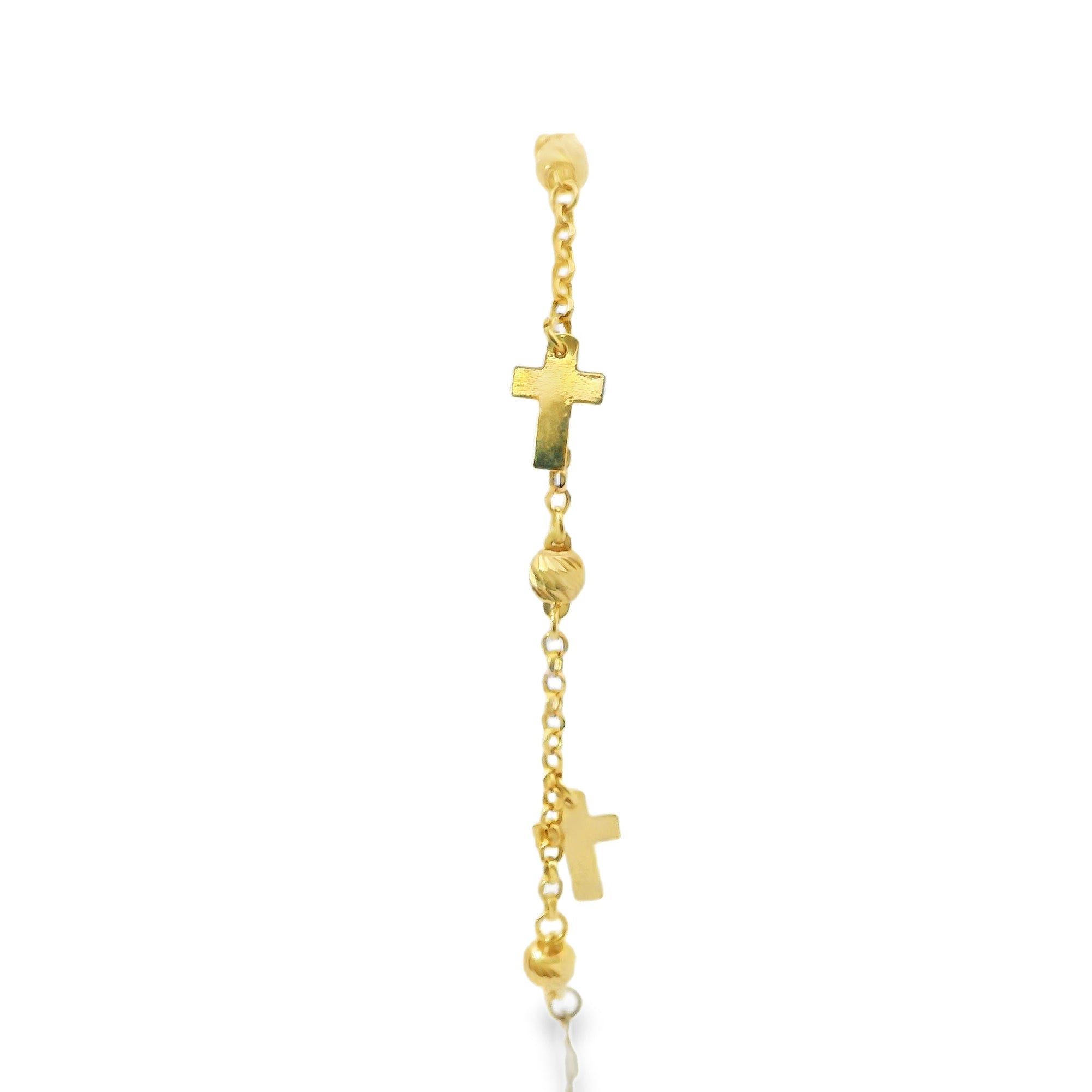 14KT Gold Bracelet Women's Three Charm Plain Cross with White CZ Stone End Cable Link Lobster Clasp Band