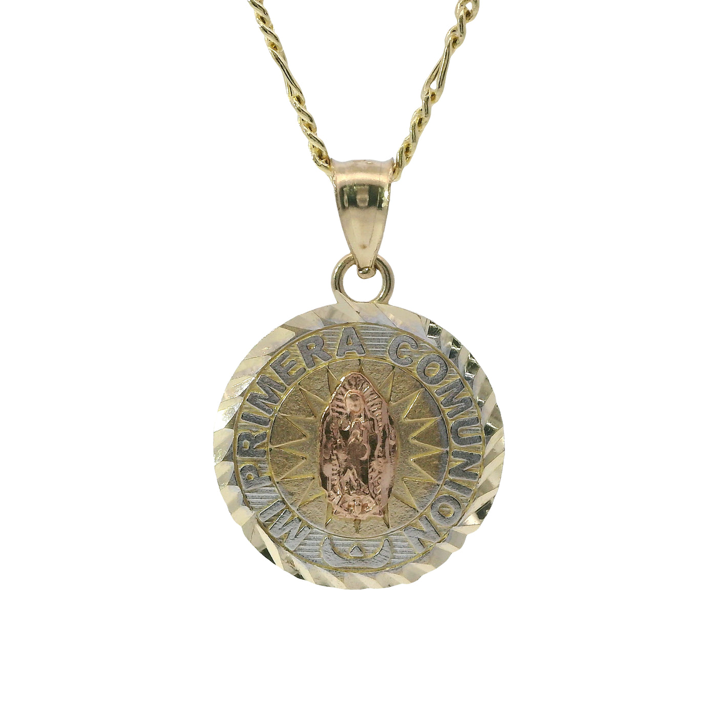 14KT Gold Charm Extra Small Tri Tone "Mi Primera Communion" Communion Coin with Diamond Cut Edge and Plain Bell