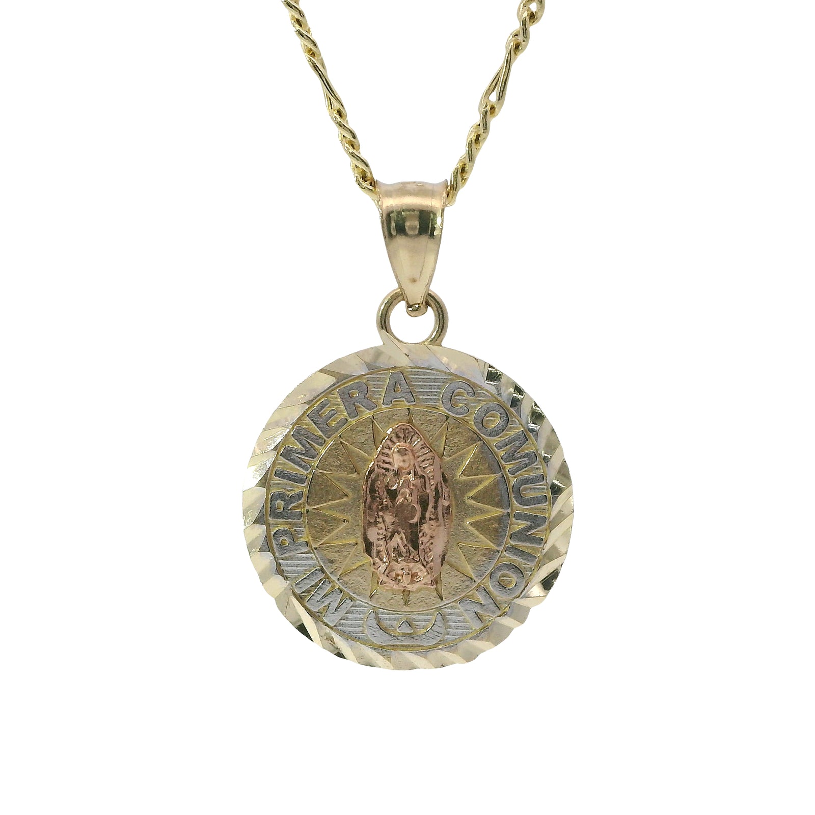 14KT Gold Charm Extra Small Tri Tone "Mi Primera Communion" Communion Coin with Diamond Cut Edge and Plain Bell