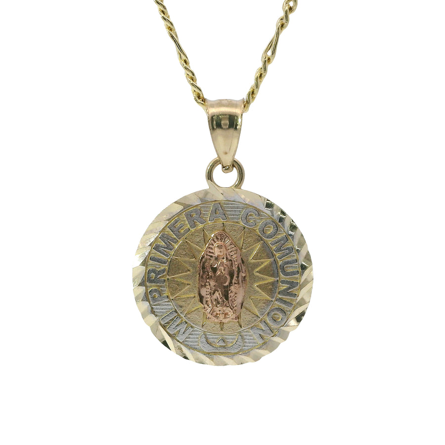 14KT Gold Charm Extra Small Tri Tone "Mi Primera Communion" Communion Coin with Diamond Cut Edge and Plain Bell