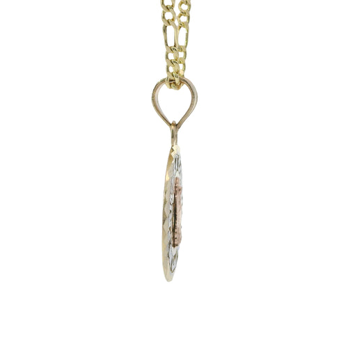14KT Gold Charm Extra Small Tri Tone "Mi Primera Communion" Communion Coin with Diamond Cut Edge and Plain Bell